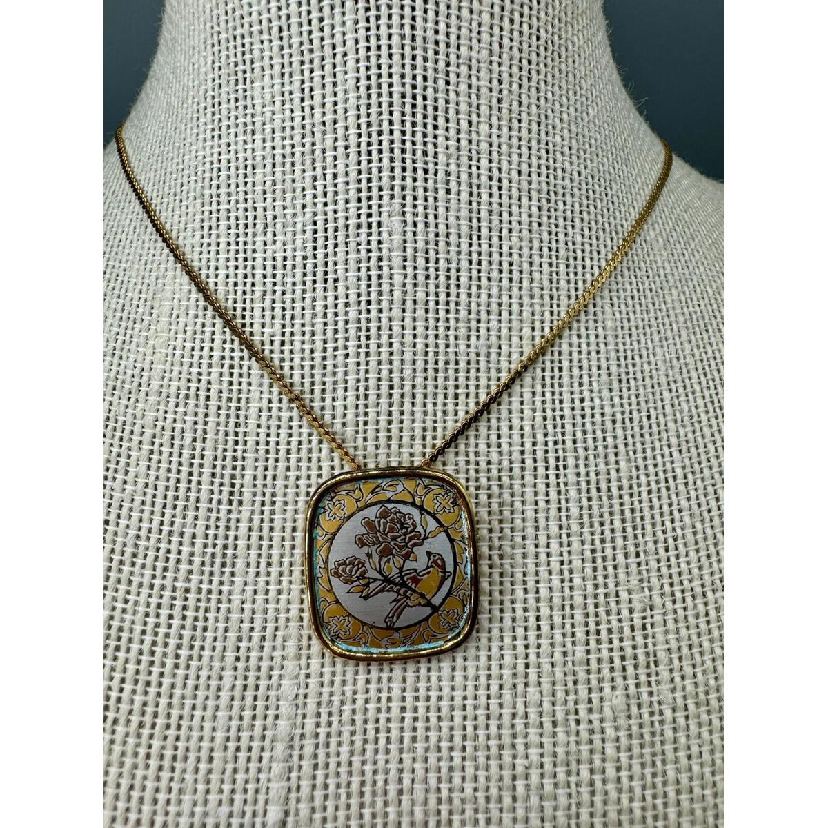 Reed Barton Damascene Floral Bird Pendant Serpentine Chain 18 Gold Tone 24$